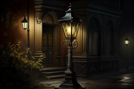 A lamp on the street at night. AI Generatedの素材