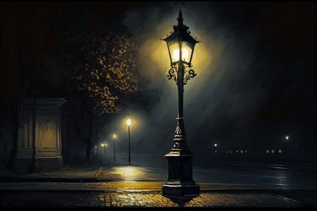 Ancient lantern in the park at night. AI Generatedの素材