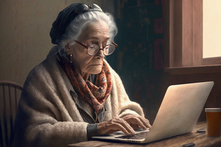 An old woman works with a computer. AI Generatedの素材