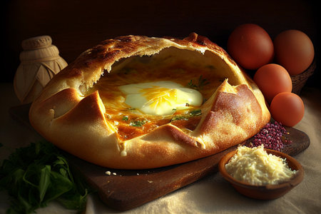 Khachapuri dish with egg. AI Generatedの素材