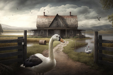 Geese on the farm. AI Generatedの素材