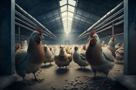 Poultry farm and chickens at the enterprise. AI Generatedの素材