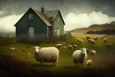 Sheep graze on the farm. AI Generatedの素材