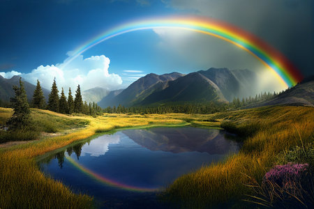 Summer landscape with a river and a rainbow. AI Generatedの素材