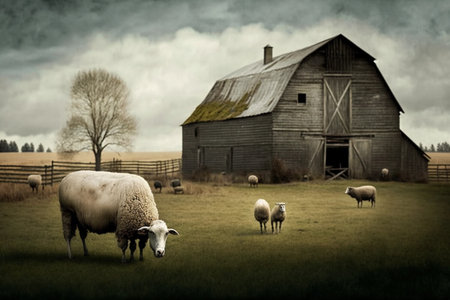 Sheep graze on the farm. AI Generatedの素材