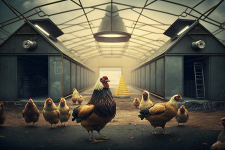 Poultry farm and chickens at the enterprise. AI Generatedの素材
