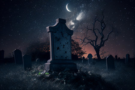 Cemetery at night and stars. AI Generatedの素材