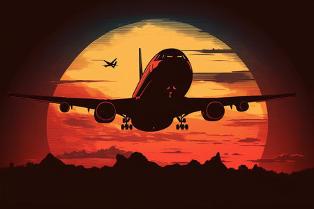 Airplane flies during sunset. AI Generatedの素材