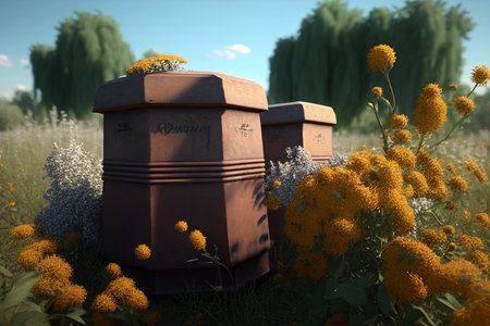 Beehives and bees at the apiary. AI Generatedの素材