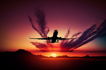 Airplane flies during sunset. AI Generatedの素材