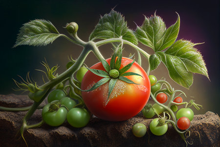 The tomato ripens on the plant. AI Generatedの素材