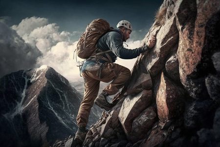 Alpine climbing in the mountains and snow. AI Generatedの素材