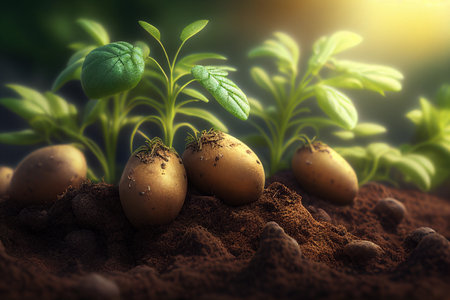 Potatoes grow on the bed close-up. AI Generatedの素材