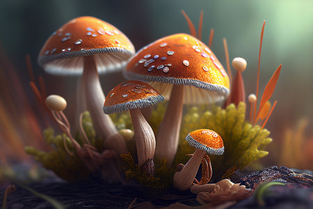 Mushrooms growing close-up. AI Generatedの素材