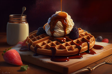 Waffles with sweet sauce. AI Generatedの素材