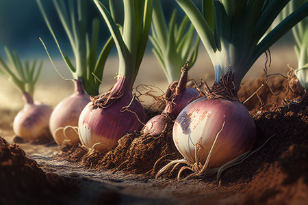 Onion growing close-up. AI Generatedの素材