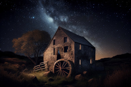 mill old night stars landscape. AI Generatedの素材