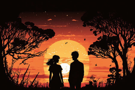 Couple in love and sunset silhouette. AI Generatedの素材