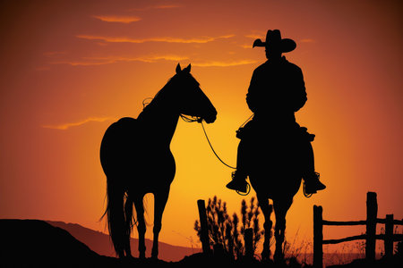 Cowboy on a horse and sunset silhouette. AI Generatedの素材