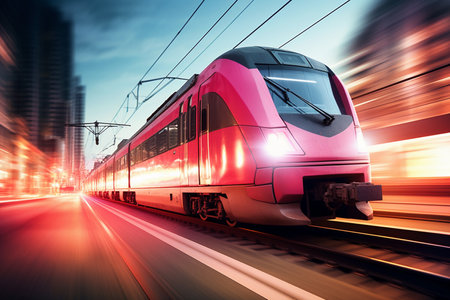 Blurry image of rail train moving down the tracks. AI Generatedの素材