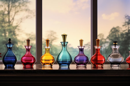 Different types of perfume bottles on table. AI Generatedの素材