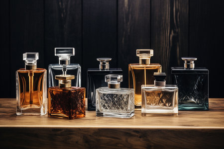 Perfume bottles in groupings on wooden table. AI Generatedの素材