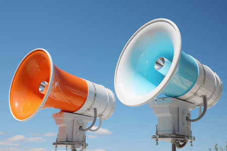 Two orange and white megaphones. AI Generatedの素材