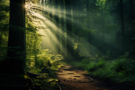 Sun shining through the thick forest.の素材