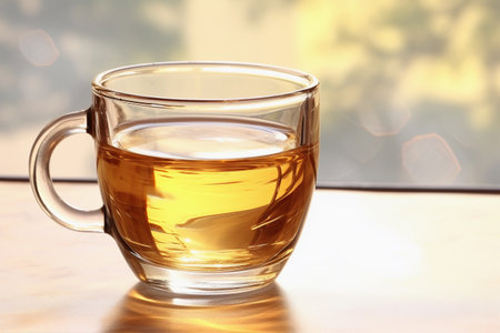 Tea in a transparent cup on the tableの素材
