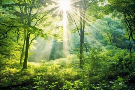 Sun shining through the thick forest.の素材