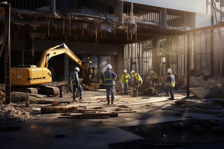 Building a house with excavators and buildersの素材