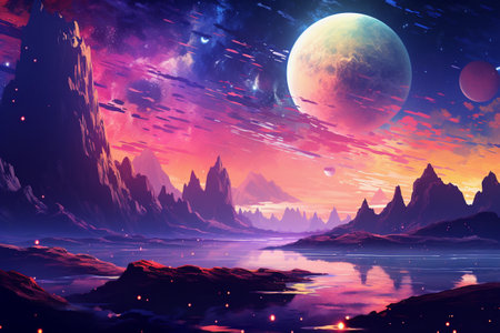 Cosmic and fantastic landscapes with planets.の素材
