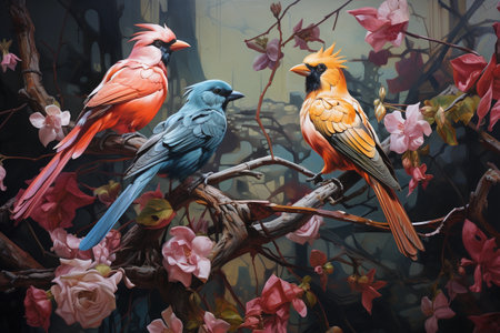 Beautiful birds are sitting on tree branches.の素材