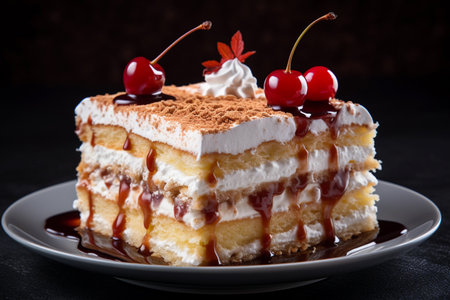 A piece of cake with cream on a plateの素材