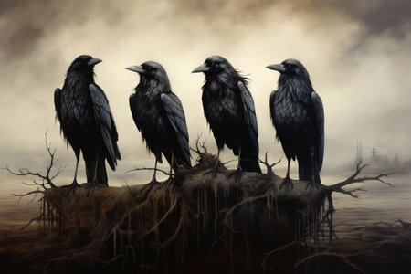 Crows sit on a branch. Gloomy landscape.の素材