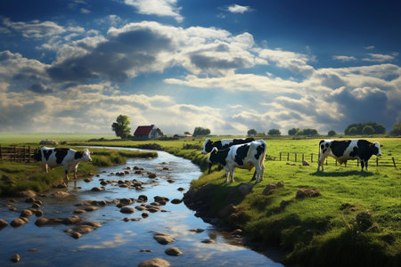 Cows and bulls graze on the meadowの素材