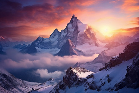 Mountain landscape with snow-capped peaks at sunrise in Himalayas, Nepalの素材