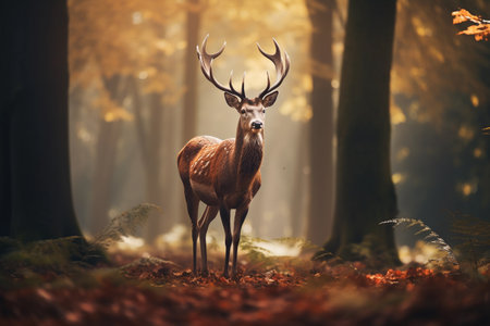 Red deer stag in autumn forest. Beautiful animal in nature. Wildlife scene.の素材