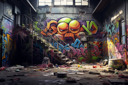 Graffiti on the wall in an old abandoned factory. Conceptual image.の素材
