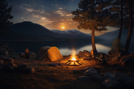 Camping on the shore of a lake at night in the mountains.の素材