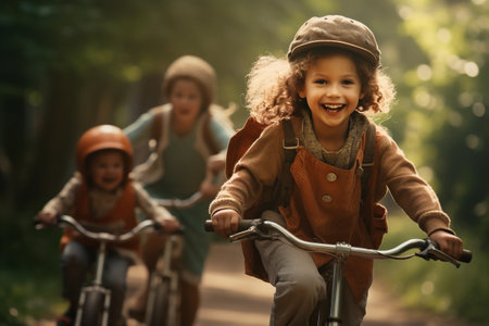 Group of happy children riding their bikes in a park on a sunny dayの素材
