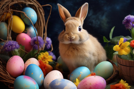 Colorful Easter celebration with festive bunny and eggsの素材