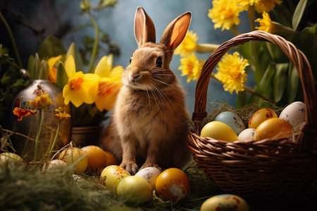 Festive bunny with Easter eggs in autumn flower basketの素材