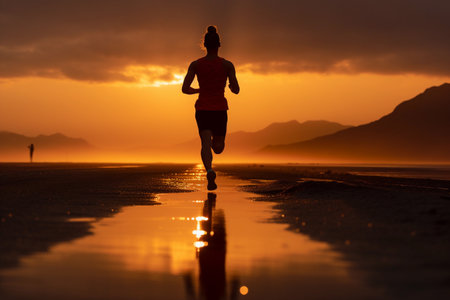 A woman runs and does sports. Young female athlete.の素材