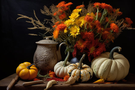Arrangement of vegetables and flowers in a still life composition.の素材