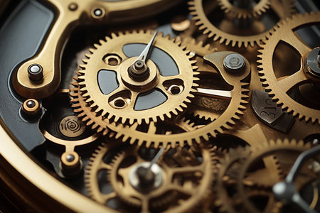 Close-up of the intricate gears in a clock mechanism.の素材