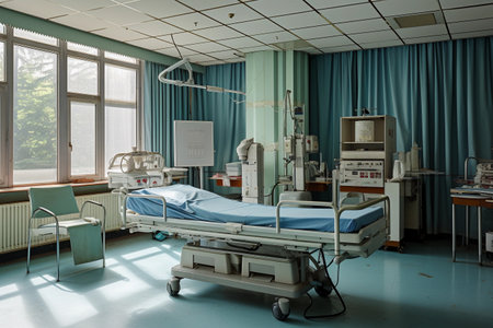 Medical ward featuring a hospital bed.の素材