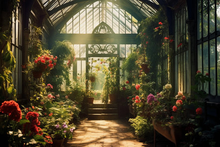 Botanical conservatory filled with blooming flowers.の素材