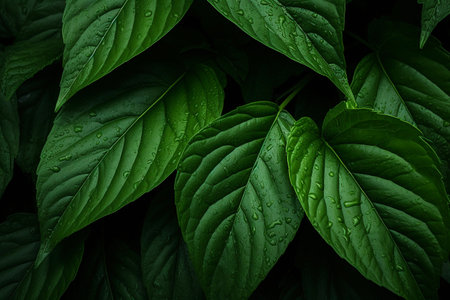 Close-up of vibrant green leaves, forming a lush and natural plant background.の素材