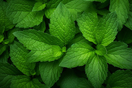 Close-up of vibrant green leaves, forming a lush and natural plant background.の素材